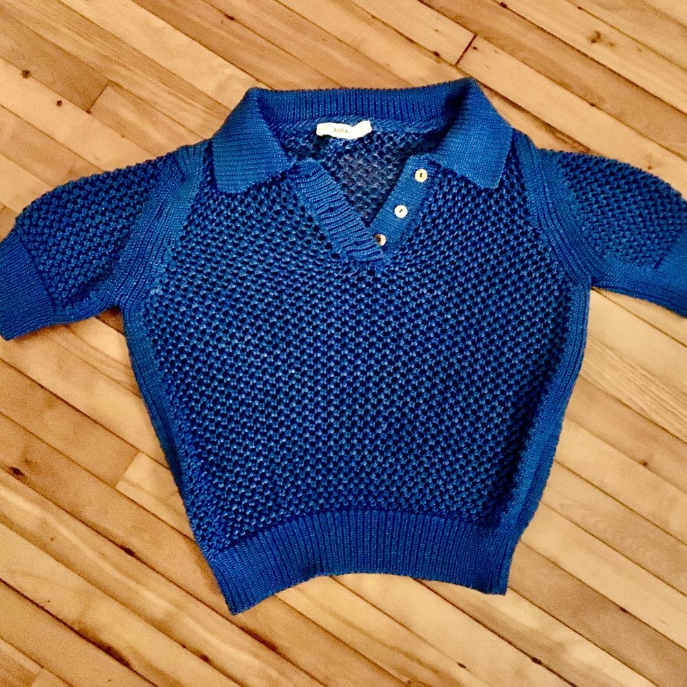 ZARA OPEN KNIT POLO SHIRT COBALT BLUE SIZE LARGE